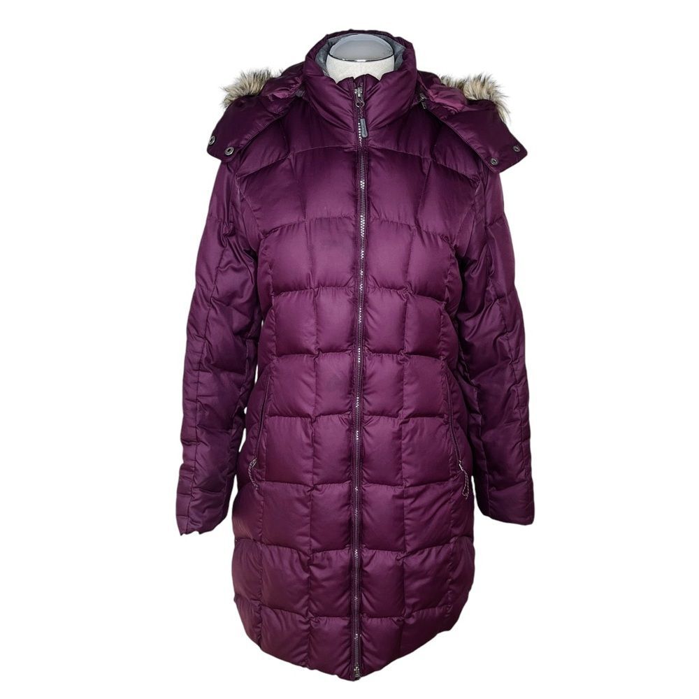 Eddie Bauer Lodge Down Parka sz S / Small * Eggplant Purple Faux Fur Trim Hood